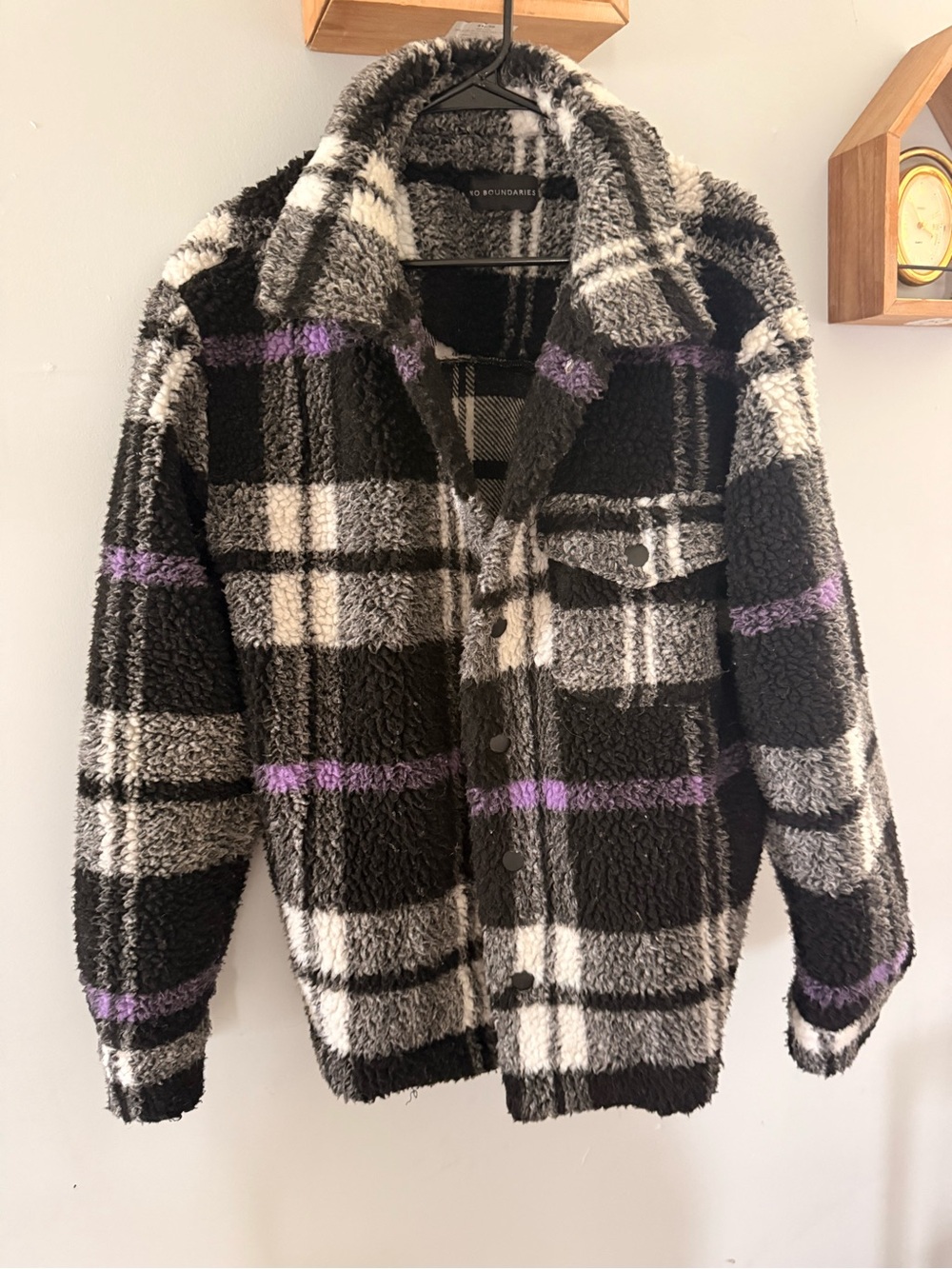 No Boundaries Black and Gray Plaid Sherpa Jacket